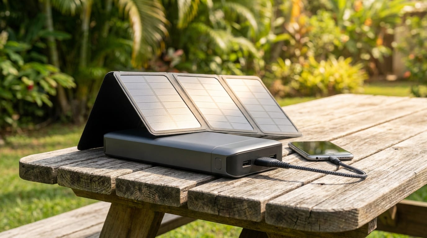Powerbank Solar พกพา 20,000 mAh กันน้ำ IP67 พร้อมแผงโซล่าเซลล์เล็กในตัวสำหรับแคมป์ปิ้ง