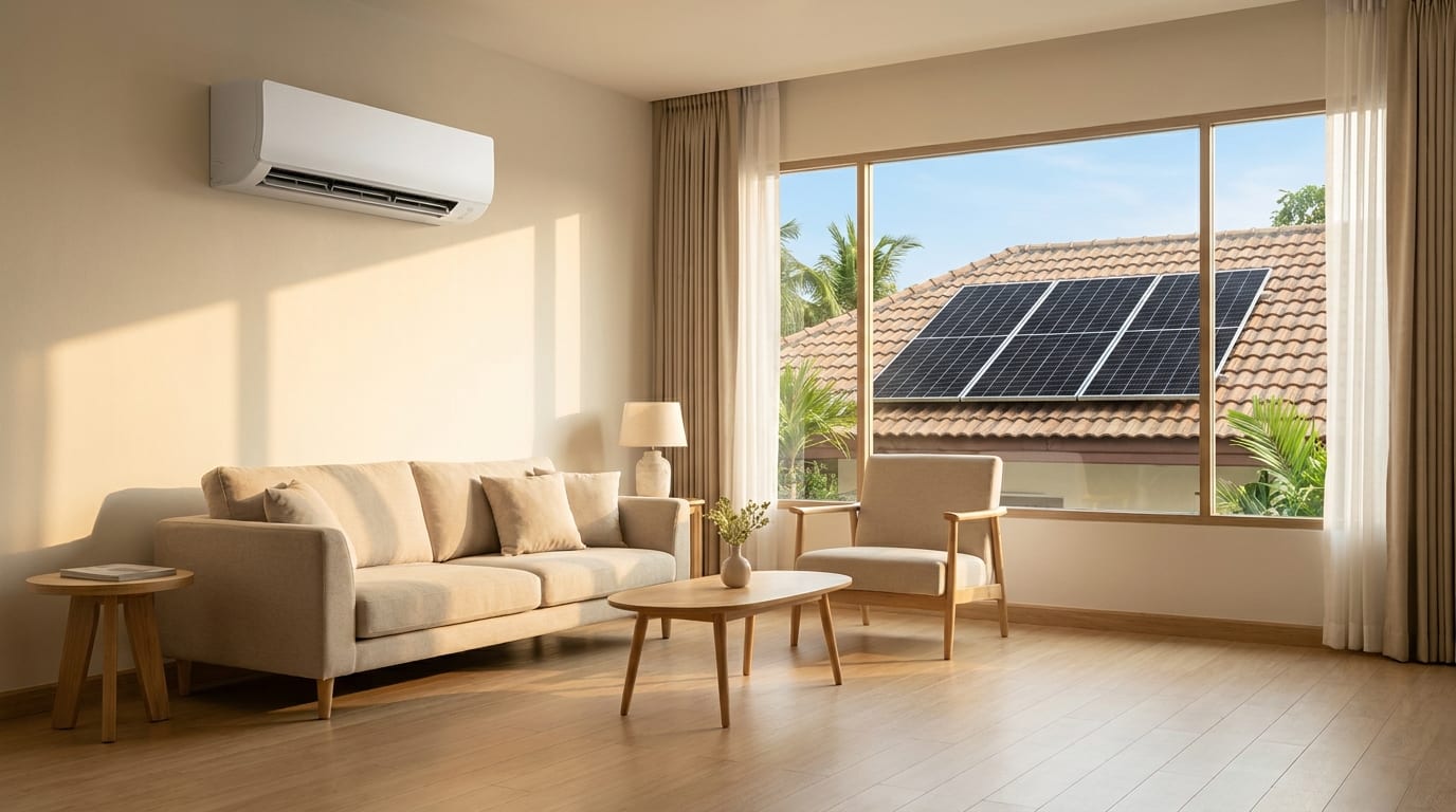 แอร์โซล่าเซลล์ DC Inverter 12000 BTU พร้อมแผงโซล่าเซลล์บนหลังคาบ้านในประเทศไทย