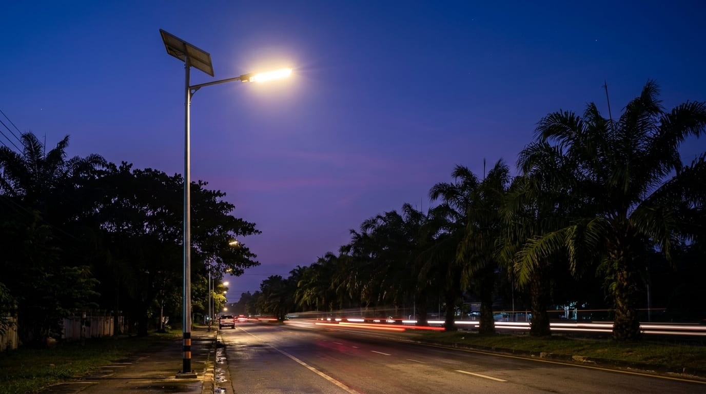 ไฟถนนโซล่าเซลล์ LED 200W ติดตั้งบนเสาสูง 6 เมตรสำหรับซอยและหมู่บ้านในประเทศไทย