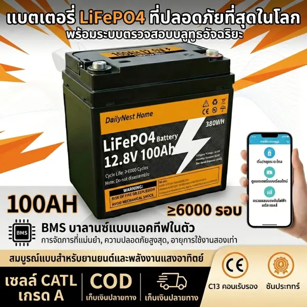 แบตเตอรี่ LiFePO4 12V 100Ah 10000+ Deep Cycles — ราคาประหยัด