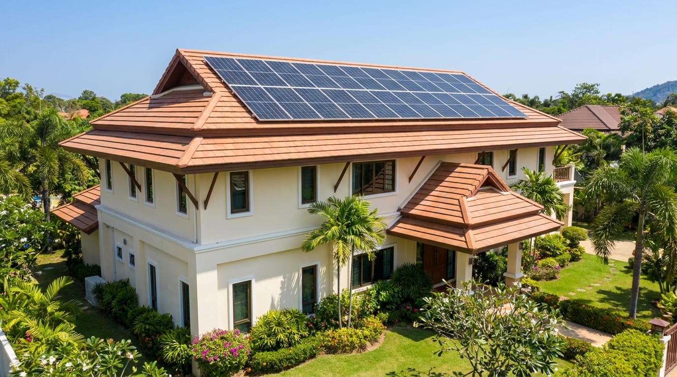 ระบบโซล่าเซลล์ 10kW ติดตั้งบนหลังคาบ้านใหญ่หรืออาคารพาณิชย์ขนาดเล็กในประเทศไทย