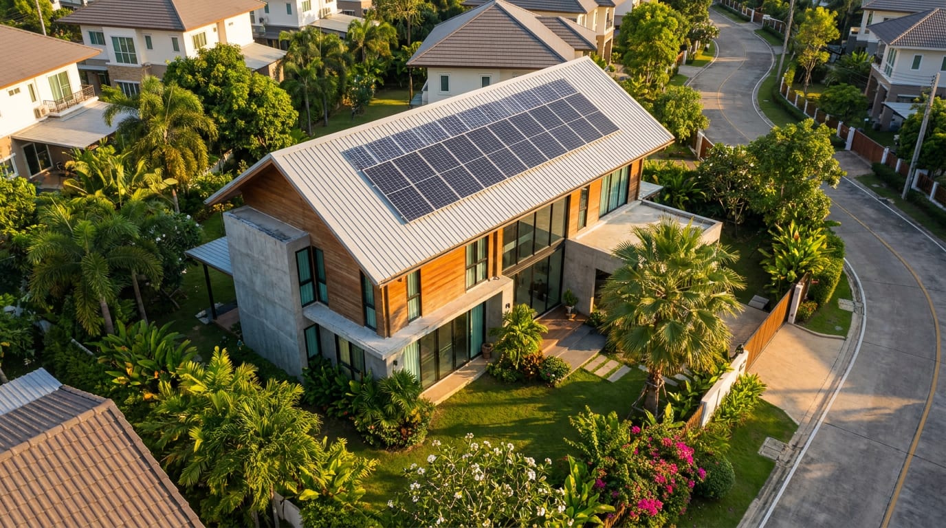 ระบบโซล่าเซลล์ 5kW ขนาดยอดนิยมติดตั้งบนหลังคาบ้านเดี่ยว 2 ชั้นในประเทศไทย